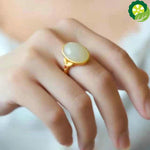 Natural Hetian white jade oval opening adjustable ring Chinese style retro unique ancient gold craft jewelry
