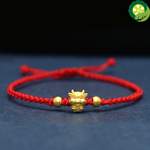 999 Real 24K Yellow Gold Woman Bracelet 3D Luck OX Bead Red Weave Bracelet / Best Gift