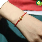 999 Real 24K Yellow Gold Woman Bracelet 3D Luck OX Bead Red Weave Bracelet / Best Gift