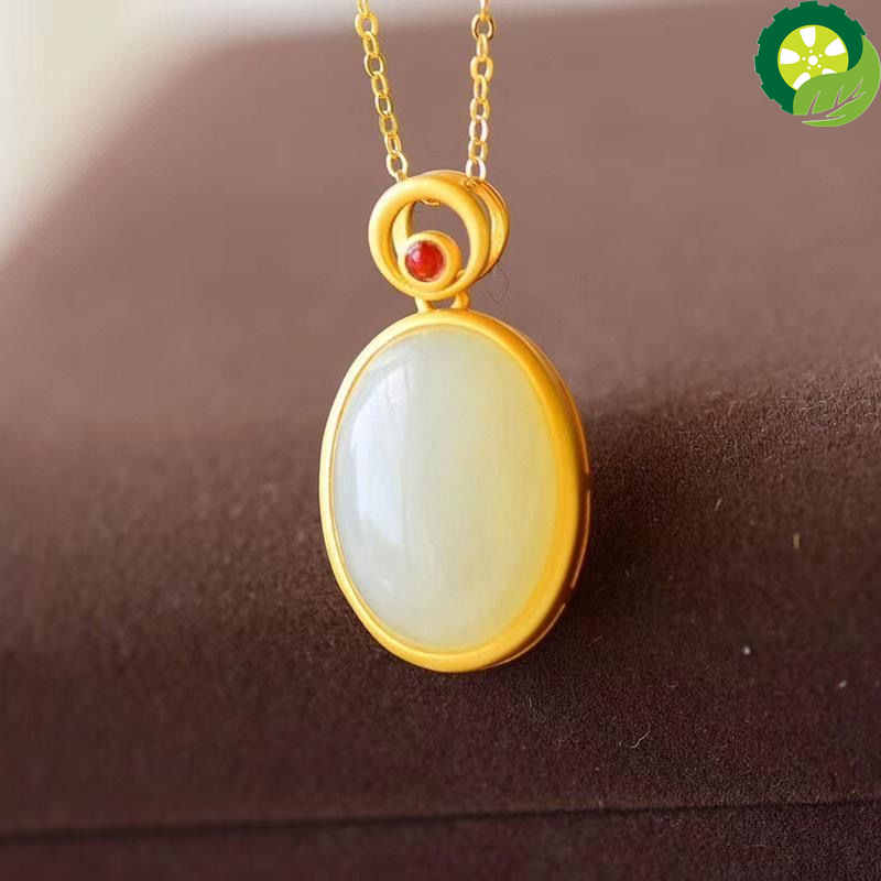 Natural Hetian white jade egg surface Oval Pendant Necklace Chinese style retro palace charm jewelry