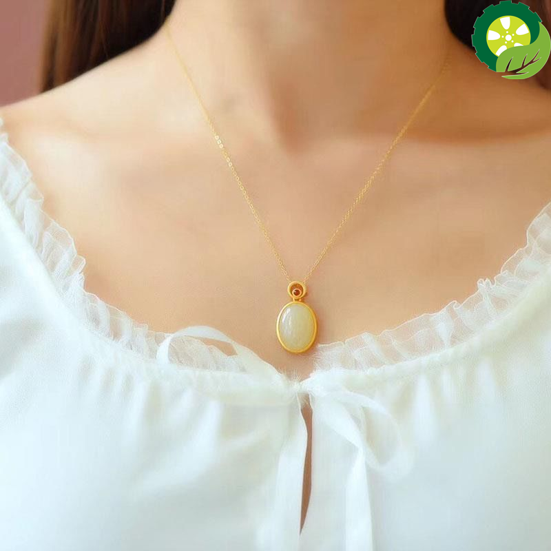 Natural Hetian white jade egg surface Oval Pendant Necklace Chinese style retro palace charm jewelry