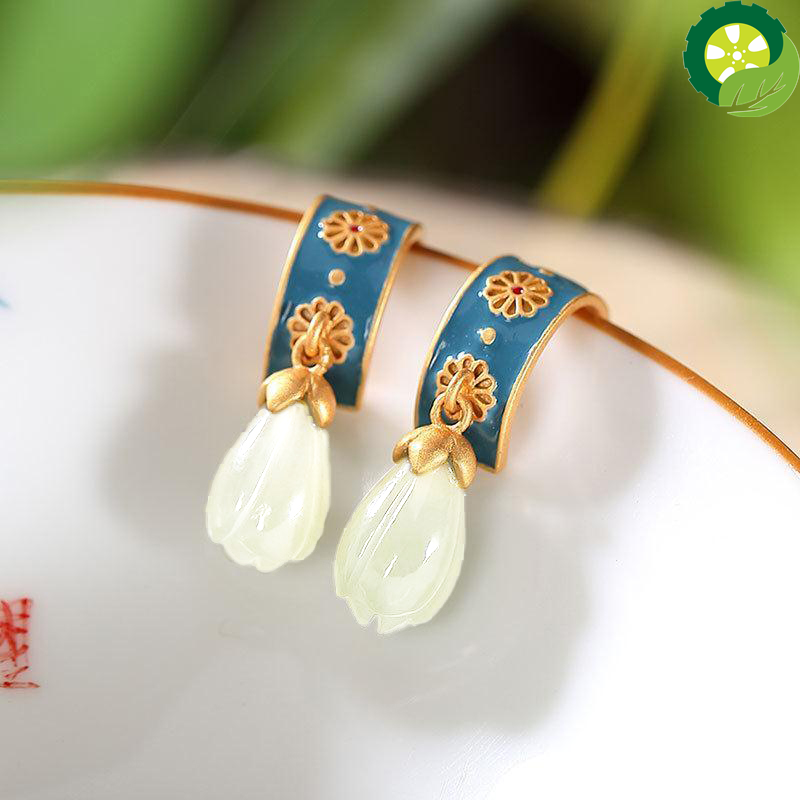 Natural Hetian jade ancient style creative Enamel Chinese retro earrings