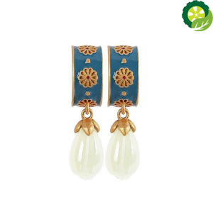 Natural Hetian jade ancient style creative Enamel Chinese retro earrings