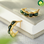 Natural Hetian jade four beans Chinese retro court style unique ancient gold craft Earrings