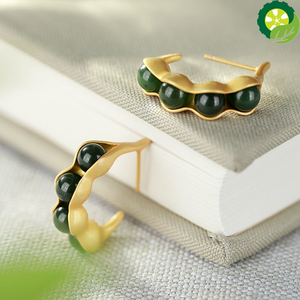 Natural Hetian jade four beans Chinese retro court style unique ancient gold craft Earrings