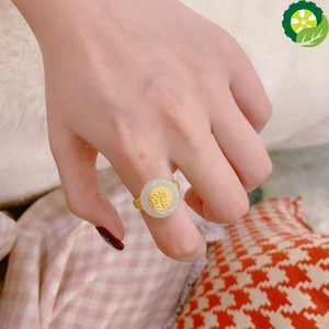 Natural Hetian white jade adjustable ring Chinese style retro unique ancient gold craft charm jewelry