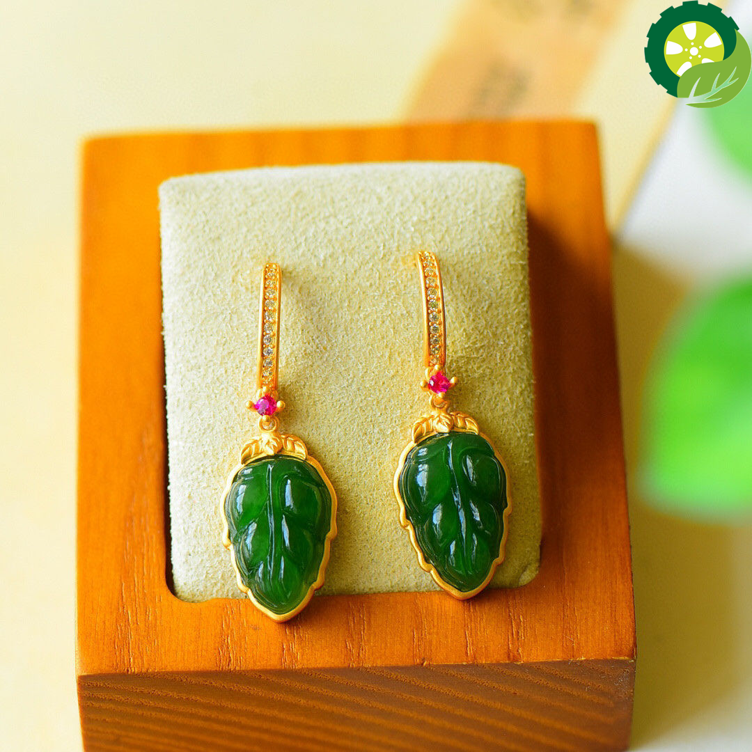 Natural Hetian jade spinach green leaf plant atmospheric lady earring