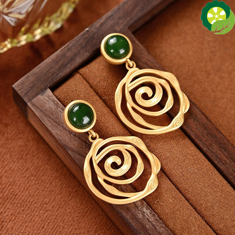 Natural Hetian jade with irregular thread Chinese style antique palace style earrings