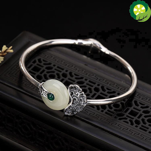Silver natural Hetian white jade bracelet Chinese style palace female bohemian design adjustable brand jewelry
