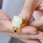 natural Hetian jade square tassel retro niche palace ethnic style opening adjustable ring