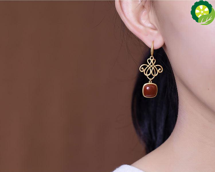 Natural Hetian red jade Chinese Knot retro court style luxury elegant Earrings