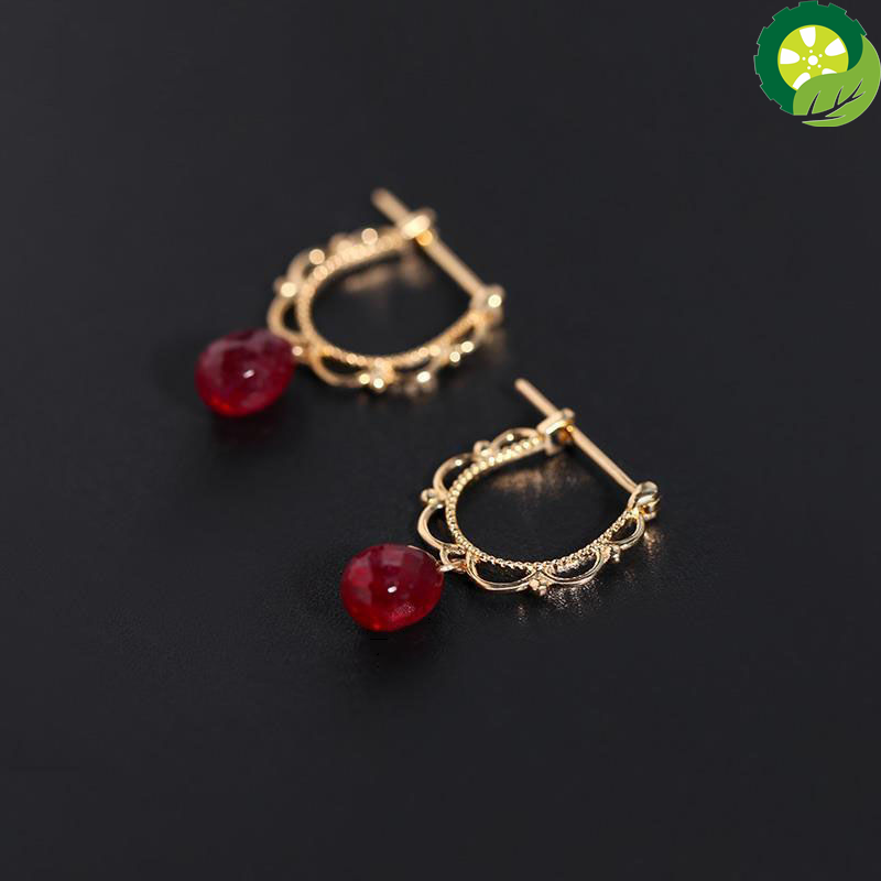 Drop-shaped cut face craft ruby earrings retro exquisite luxury noble charm silver jewelry