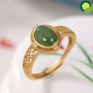 Natural hetian jade oval luxury hollowing process golden noble Chinese retro style ring
