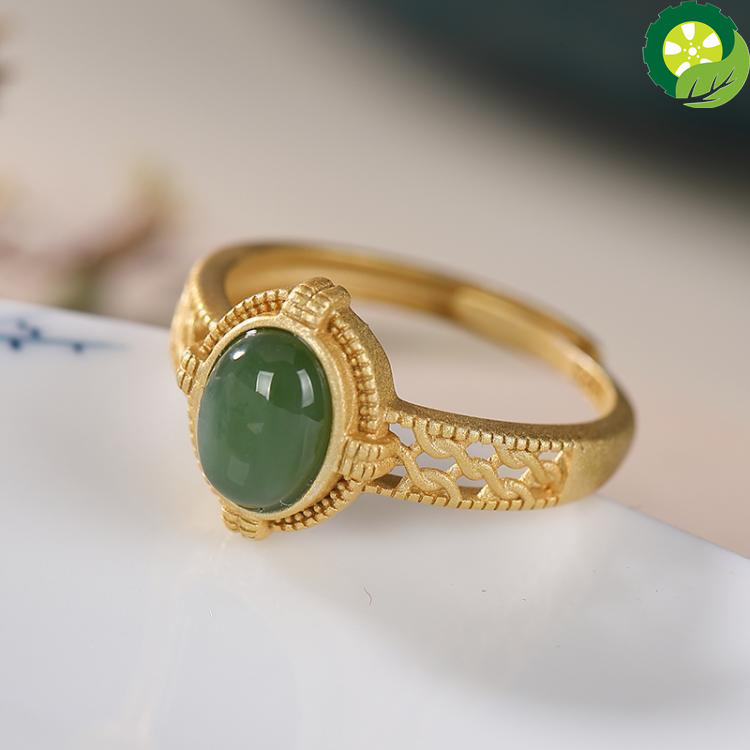 Natural hetian jade oval luxury hollowing process golden noble Chinese retro style ring