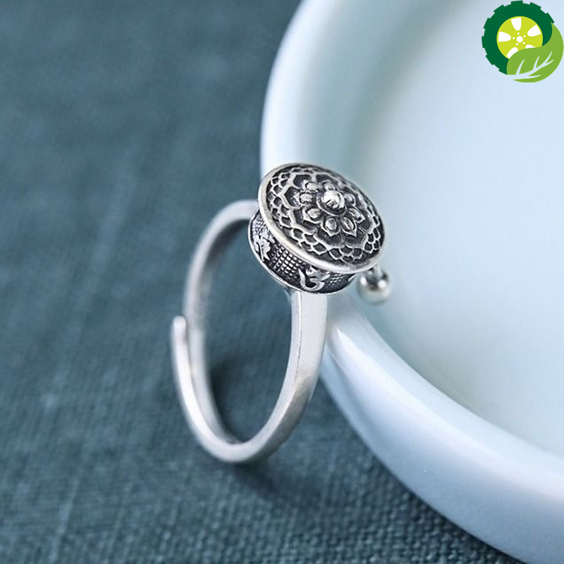 Sterling Silver Religious Retro Small Bead Charm Temperament Opening Adjustable Couple Ring