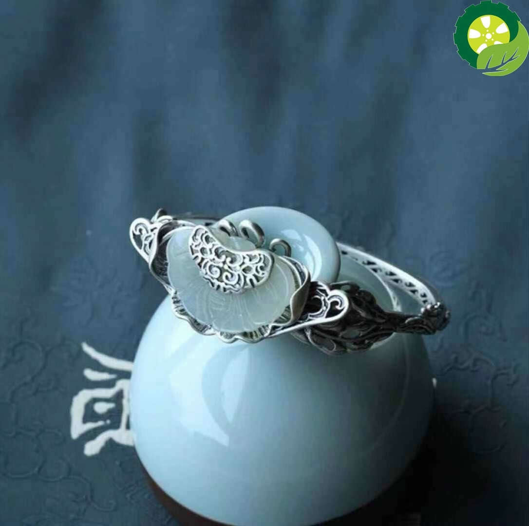 Vintage handmade butterfly silver inlaid Ruyi Hetian jade open retro bracelet
