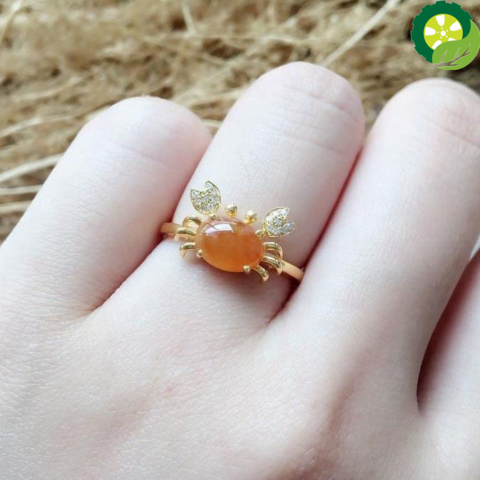 Natural ice orange jade oval small crab simple adjustable ring
