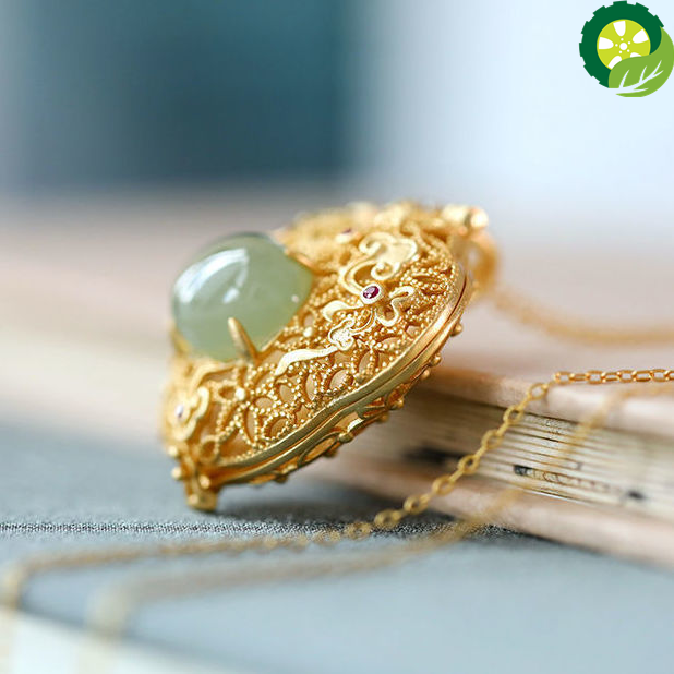Natural Hetian jade Geometric Open Hollow Chinese Retro Charm Pendant Necklace