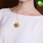 Natural Hetian jade Geometric Open Hollow Chinese Retro Charm Pendant Necklace