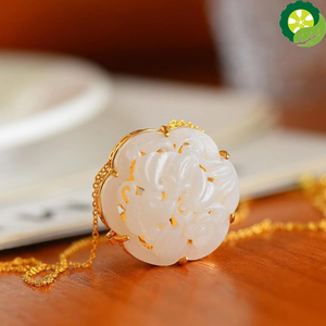 Natural Hetian jade open hollow Chinese style retro elements luxury pendant necklace