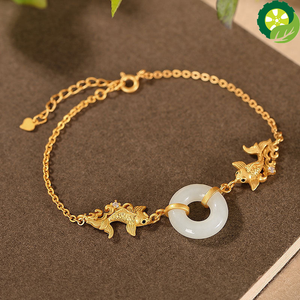 Ancient gold craftsmanship inlaid natural Hetian jade ring carp exquisite and elegant bracelet