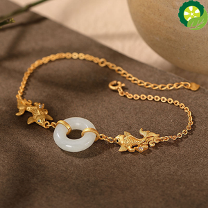 Ancient gold craftsmanship inlaid natural Hetian jade ring carp exquisite and elegant bracelet