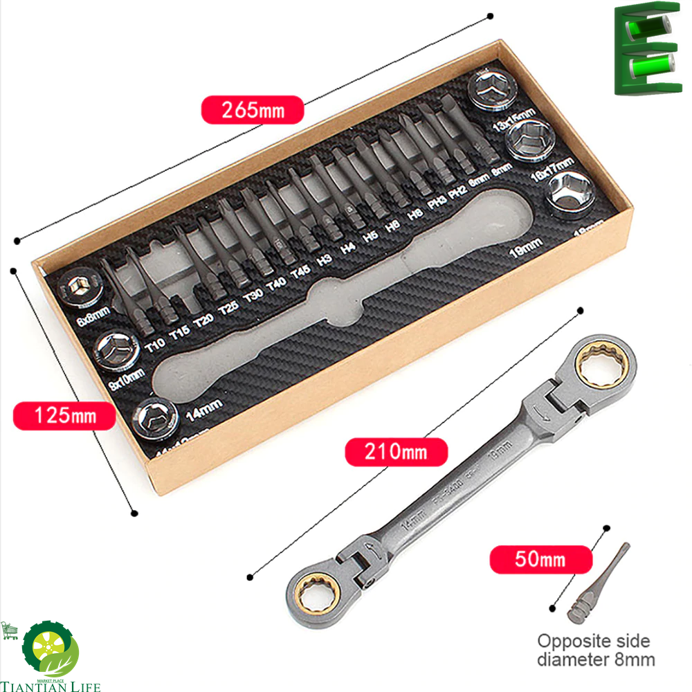 Multifunction Ratcheting Socket Wrench Set Box End Wrench Metric With Adapter Socket Screwdriver Bit Plumb Pipe Auto Repair Tool