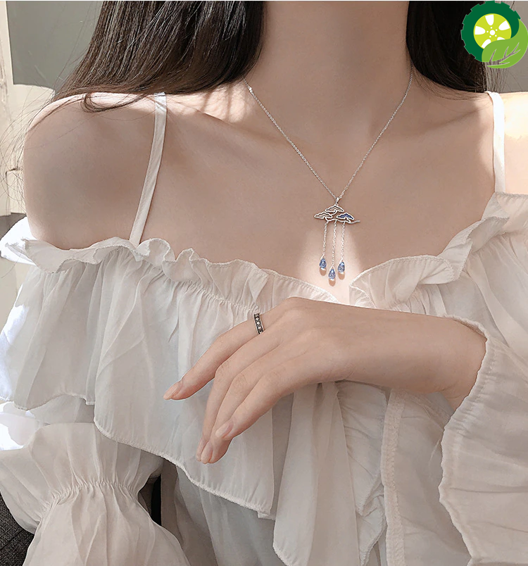 All-match Long Sweater Silver Plated Tassel Necklace Clavicle Chain Epoxy Cloud Raindrops Pendant Necklace