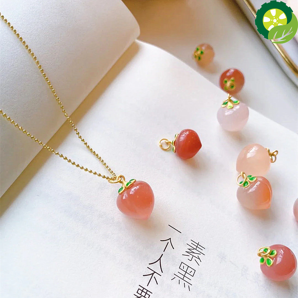Plated 14K 18K Gold Natural Stone Quartz Red Peach Cherry Sweet Girl Pendant Necklace