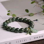 Unisex Natural Grade A Jade Jadeite Round Bead With Hand-Carved Pixiu Charm Link Bracelet