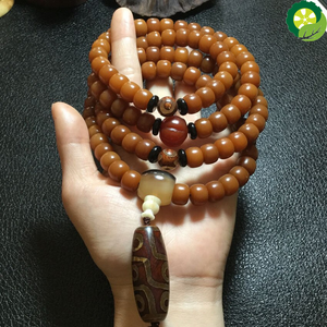 Natural 108 Beads Beeswax Buddhist Buddha Meditation Prayer Bead Mala Rosary Nine-eyed Agate Unisex Bracelet