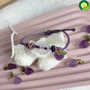 Natural Amethyst Grape Pendant & White Chalcedony Lucky Knot Hand-woven Rope Healing Charm Bracelet