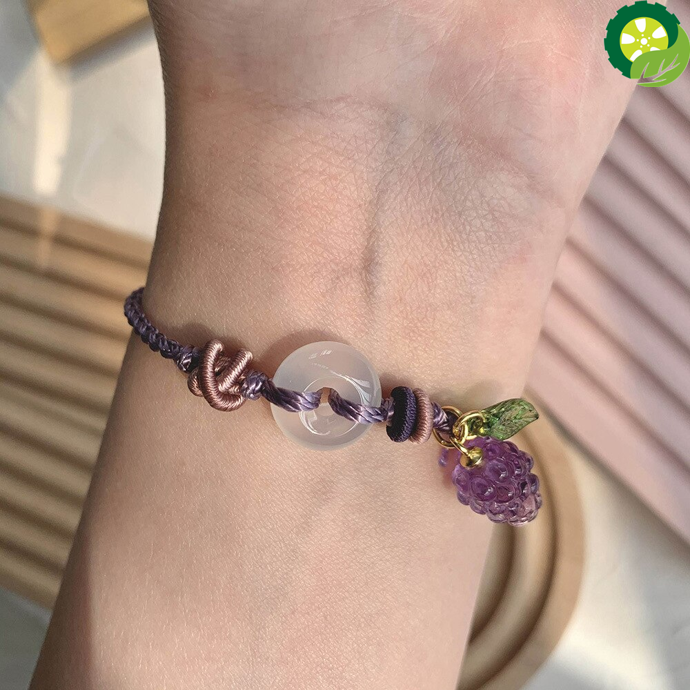 Natural Amethyst Grape Pendant & White Chalcedony Lucky Knot Hand-woven Rope Healing Charm Bracelet