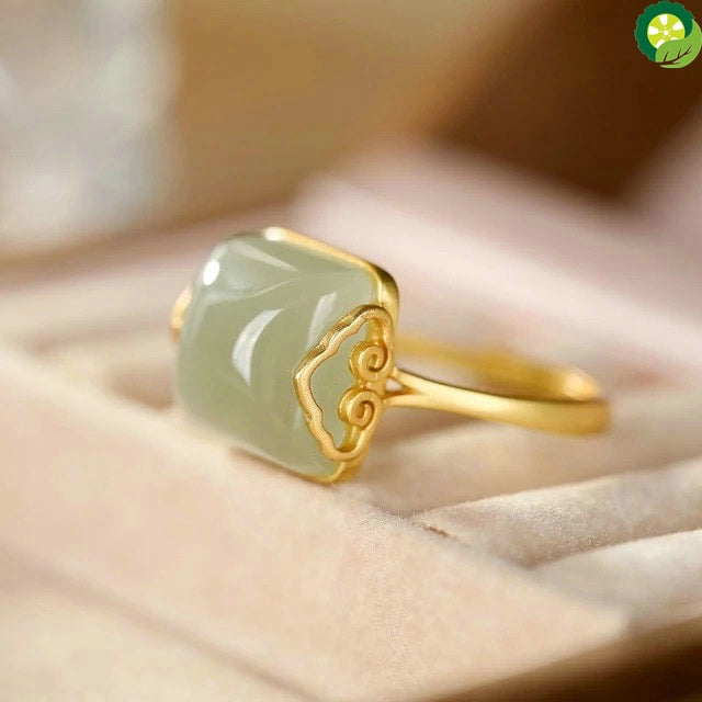 S925 Sterling Silver Xiangyun Hetian Jade Lady Temperament Simple Elegant Retro Open Ring
