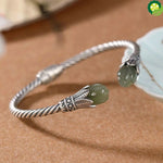 S925 Sterling Silver Hetian Gray Jade Personality Magnolia Antique Distressed Open-Ended Bracelet