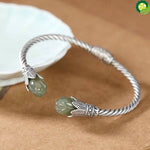S925 Sterling Silver Hetian Gray Jade Personality Magnolia Antique Distressed Open-Ended Bracelet