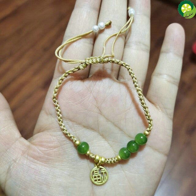 Chinese Character Natural Hetian Jade Lucky Charm Woven Braided Bracelets
